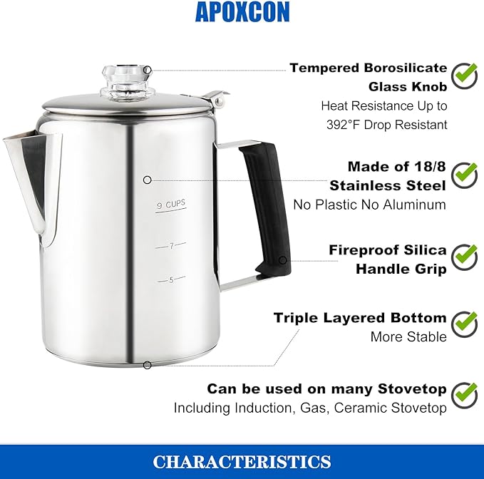 Multi Use Percolator Coffee Pot Stainless Steel Stove Top Coffee Maker with Two Borosilicate Glass Knob Silica Handle Camping Coffee Pot Using on Campfire Stove & Induction Cooker Silver 9 Cup