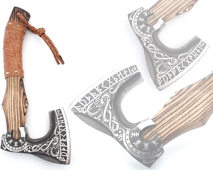 13” Inch Viking Axe- Ash Wood Handle Hatchets and Axes with Leather Wrap, Wood Splitting Axe, Camping Axe, Throwing Axes and Tomahawks - Gift for Father’s day, Husband(Rare Viking)