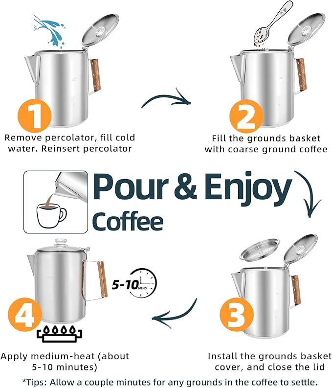 MEREZA Camping Percolator Coffee Pot 12 Cup Stove Top Coffee Percolator Non Electric Coffee Maker Camping Stainless Steel Coffee Pot Outdoors Home No Aluminum & Plastic Fast Brew