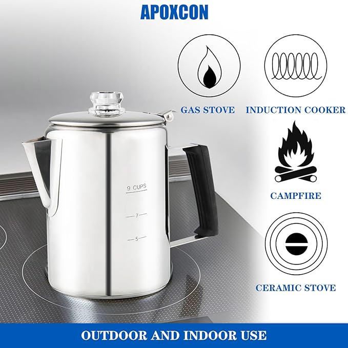 Multi Use Percolator Coffee Pot Stainless Steel Stove Top Coffee Maker with Two Borosilicate Glass Knob Silica Handle Camping Coffee Pot Using on Campfire Stove & Induction Cooker Silver 9 Cup