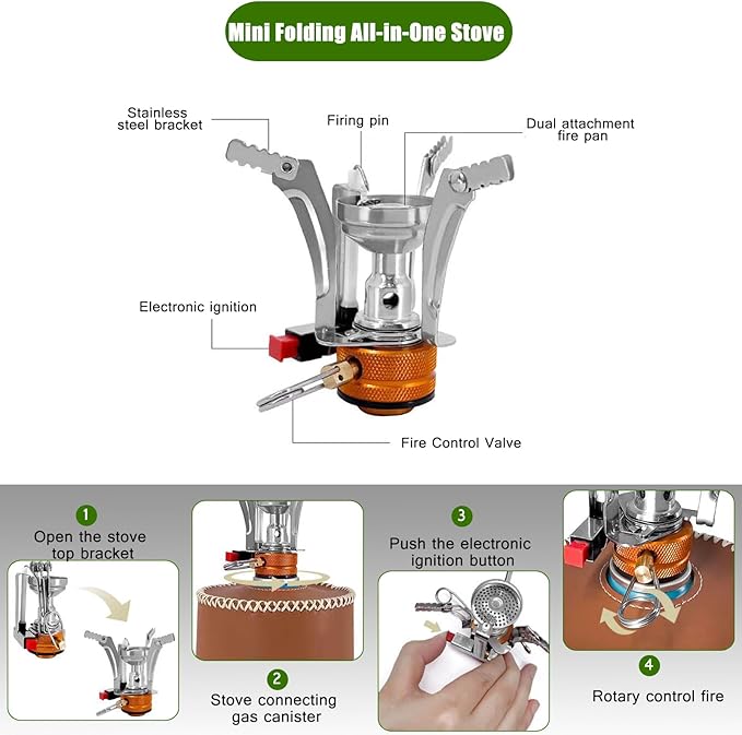 Camping Cookware Set Portable Backpacking Stove Kit, Mini Camp Stove with Non-Stick Lightweight Pots Pans and Stainless Steel Fork Knife Spoon for Outdoor Camping Hiking Cooking Gear