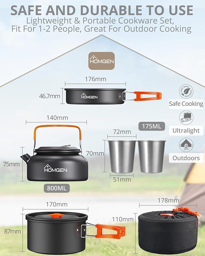 HOMGEN Camping Cooking Set Camping Pots and Pans Set Aluminium Camping Cookware Kit Protable Cooking Mess Kit Lightweight Camping Cooking Equipment for 2-3 People Perfect for Camping Picnic Hiking etc