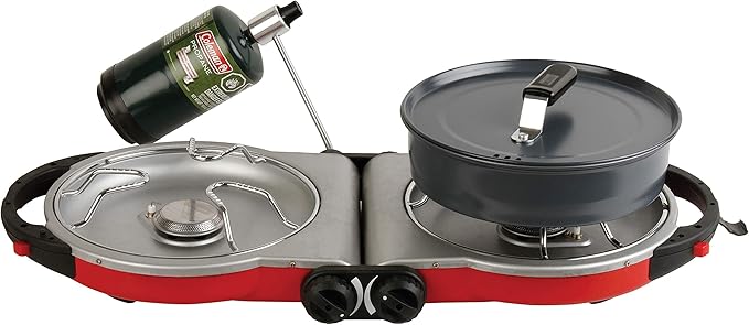Coleman Fold N Go 2-Burner Propane Camping Stove, Portable Folding Camp Stove with Push-Button Instant Ignition, 2 Adjustable Burners with 20,000 BTUs of Power for Camping, Tailgating, BBQ, & More