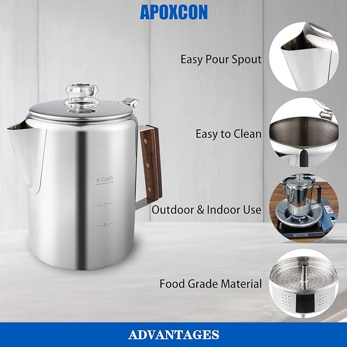 Coffee Percolator Camping Coffee Pot Stainless Steel Coffee Maker with Two Heat Resistant Tough Glass Knob Using on any Stovetop Outdoor Traveling NO Aluminum NO Plastic (9 Cup)