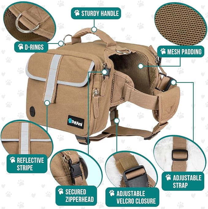 PetAmi Dog Backpack for Medium Large Dogs, Dog Saddle Bag for Dogs to Wear, Tactical Harness Saddlebag with Reflective Safety Side Pockets for Hiking, Camping, Vest Dog Pack for Travel (Tan, Medium)