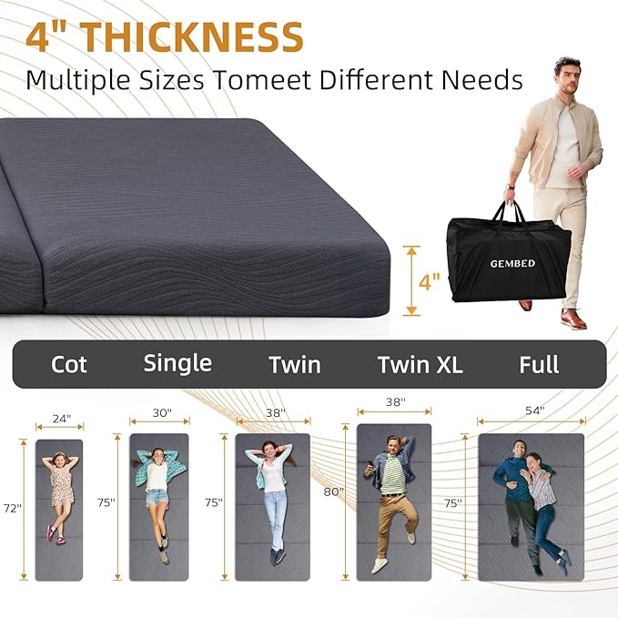 Memory Foam Camping Mattress Pad, 4 Inch Thick Waterproof Foldable Sofa Bed Floor Mattress, Portable Sleeping Pad for Adult, Sleeping Mat for Travel RV Camping Guest Yoga