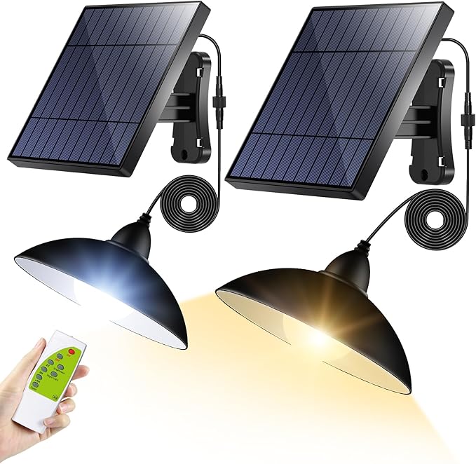 intelamp Solar Pendant Lights, 2 Pack Solar Shed Lights by Remote Control Solar Powered Indoor & Outdoor Lights Hanging Lights for Storage Room Home Yard Porch Balcony (2 Pack)