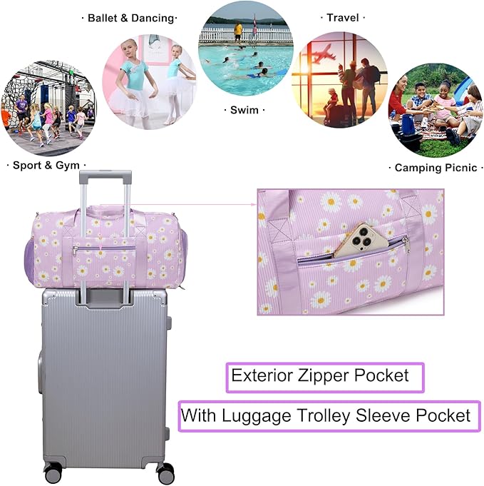 Dance Bag Ballet Bag for Girls Teen Travel Duffel Bags Sports Gym Bag Yoga Bags Cheer Bag Girls Weekender Bag Corduroy Daisy Dance Bag with Shoe Compartments(purple daisy)