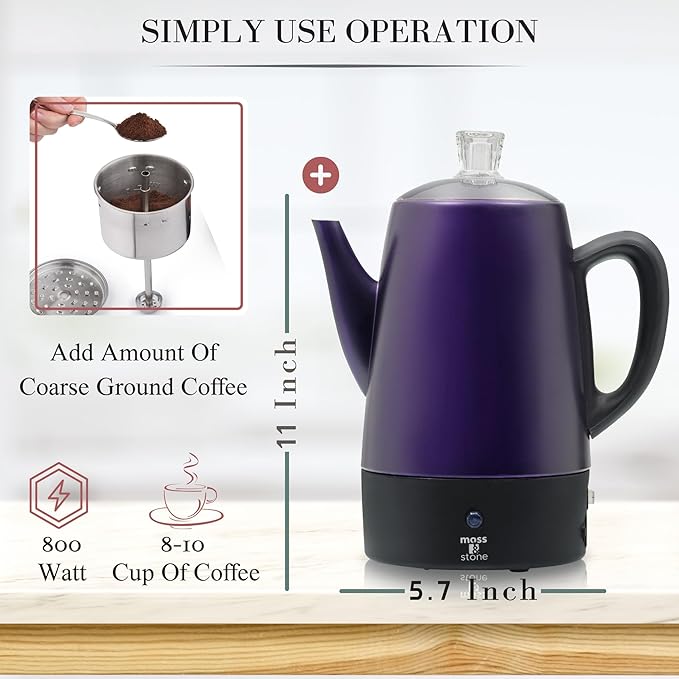 Moss & Stone Percolator Coffee Pot Electric 10 Cup, Stainless Steel Purple Coffee Maker, Coffee Percolator Electric With Keep Warm Function, 10 Cups Stainless Steel Percolator With Coffee Basket