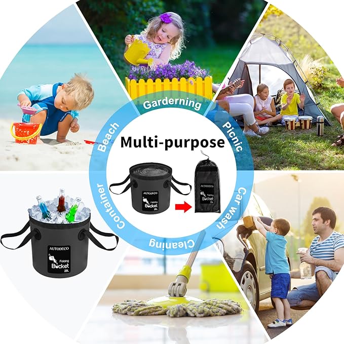 AUTODECO 5 Gallon Collapsible Bucket Water Container Portable Wash Basin for Fishing Camping Car Washing Hiking 20L