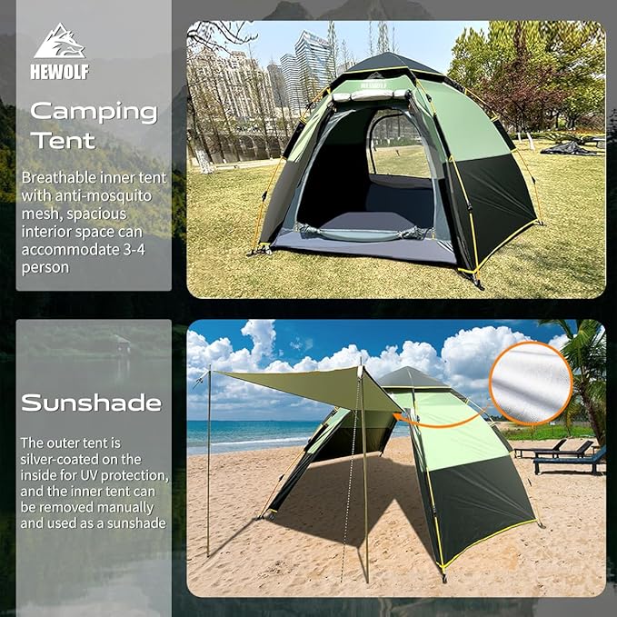 Hewolf 2/3/4 Person Camping Tent - Instant Pop Up Waterproof 2 Doors Tent with Easy Setup | 3-Season Hexagonal Dome Design for Family, Hiking & Traveling