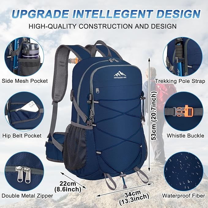 BKNOOU 40L Lightweight Hiking Backpack Packable Camping Backpack Waterproof Hiking Daypack Men Women Foldable Travel Daypack