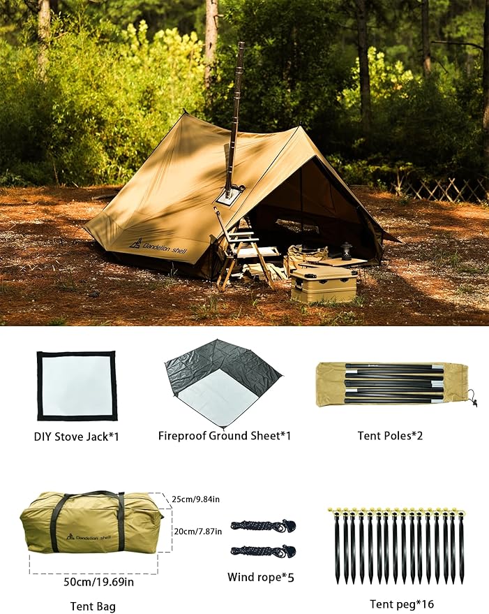 Hot Tent with Stove Jack – 4 Season Waterproof & Windproof Shelter for 1–4 People, Lightweight for Camping, Hiking, Hunting & Fishing
