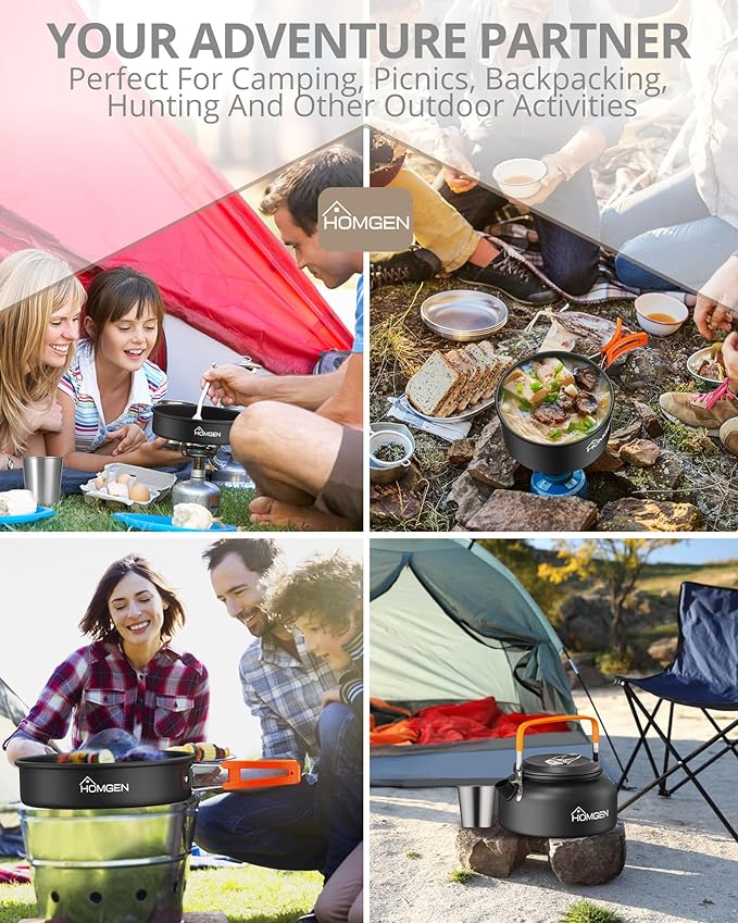 HOMGEN Camping Cooking Set Camping Pots and Pans Set Aluminium Camping Cookware Kit Protable Cooking Mess Kit Lightweight Camping Cooking Equipment for 2-3 People Perfect for Camping Picnic Hiking etc