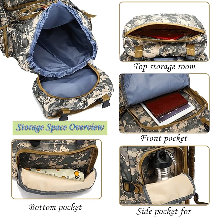 70L Waterproof Hiking Daypack Large Hiking Backpack, Hunting Camping Rucksack Backpack for Men Outdoor Sports Backpack (Desert camouflage)