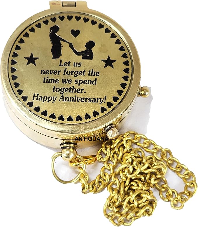 Brass Compass Unique Print ' Happy Anniversary ' Engraved Compass with Leather Case and Chain A Great Gift Item for Your Loved One