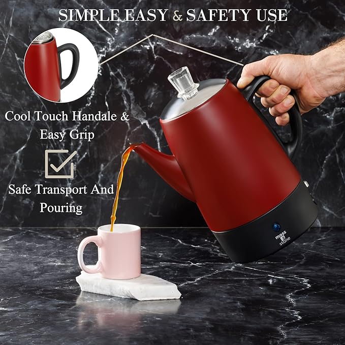 Moss & Stone Electric Coffee Percolator – Red Body Coffee Maker with Stainless Steel Lid, Percolator Electric Pot, Fast Boil 10 Cup Red Camping Coffee Pot