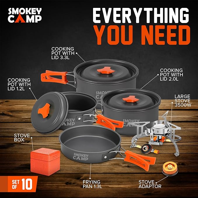 Camping Cookware Mess Kit Set with Stove - Backpacking Compact Camping Cookware, All in One Non-Stick Camping Cooking Set, Portable Stove, Hiking, Picnic, Outdoor & Camping Cookware Set