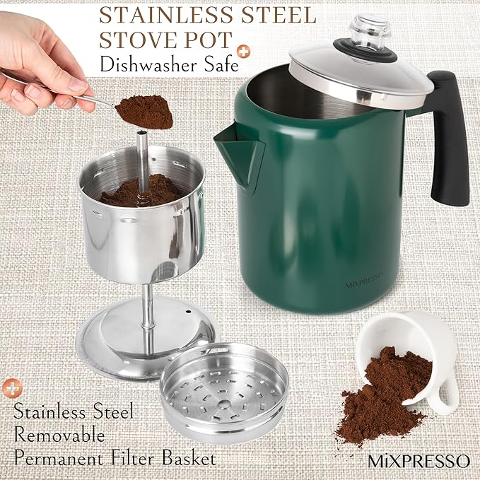 Mixpresso Green Stainless Steel Coffee Percolator Stovetop, 37oz Classic Percolator Coffee Pot, Excellent For Camping Pot, 5-8 Cup Stove Top Coffee Maker, Cool-Touch Handle