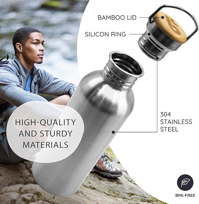 Bambaw 32 oz Water Bottle | Metal Water Bottle | Non-insulated Single Wall Stainless Water Bottle | Steel Water Bottle | Stainless Steel Water Bottles | Travel Water Bottle | 1 Liter Water Bottles