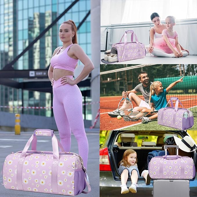Dance Bag Ballet Bag for Girls Teen Travel Duffel Bags Sports Gym Bag Yoga Bags Cheer Bag Girls Weekender Bag Corduroy Daisy Dance Bag with Shoe Compartments(purple daisy)