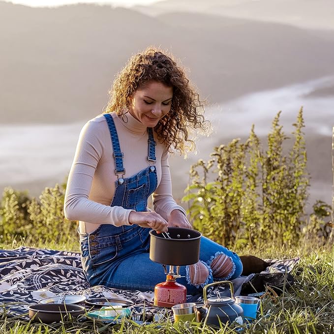 G4Free 19PCS Camping Cookware Mess Kit Non-Stick Pot and Pan Set with Kettle Stainless Steel Cups Plates Forks Knives Spoons Lightweight for Hiking Backpacking Cooking Picnic