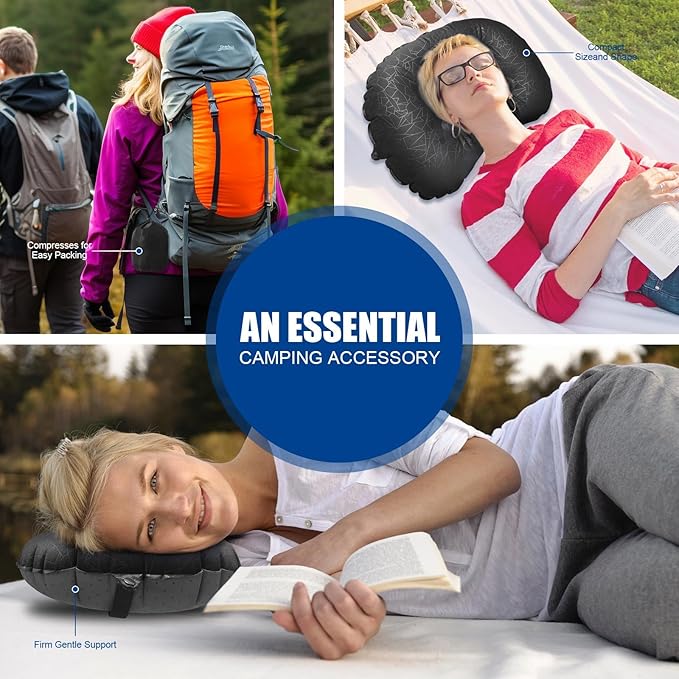 DAWNTREES Inflatable Pillow for Camping,Portable Compressible Ultra-light Travel Inflatable Pillow for Sleeping,Support The Neck and Lumbar,Backpacking Essentials (Black)