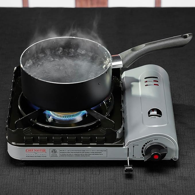 Portable Butane Camping Stove, Piezo Click Ignition, 15,000 BTU Output, Double Wind-Guard Portable Stove Burner for Emergency, Tailgating, Hiking, Backpacking, Camping Essentials by Chef Master #90019