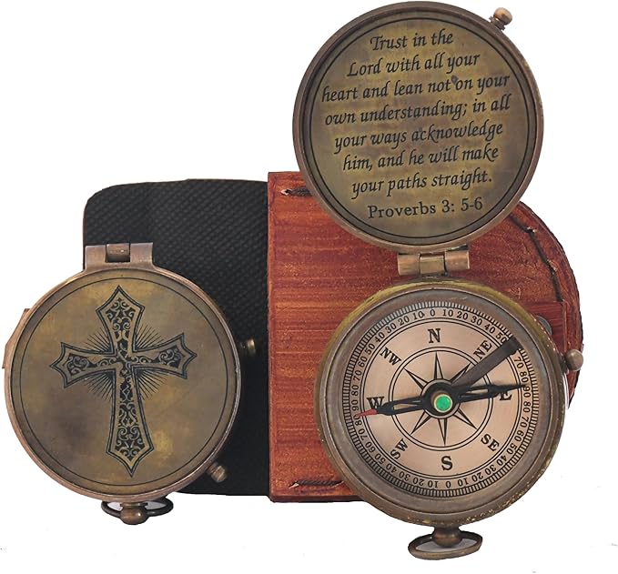 Trust in The Lord with All Your Heart -Proverbs 3: 5-6 Quote Engraved Compass with Leather Box, Compass Gift, 2023 Graduation Day Gifts- Baptism Gifts Compass