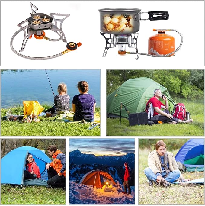 SVNVIOZ Camping Stove, Windproof Backpacking Stove with 3 Burner Cores, Piezo Ignition, Storage Box, 2 Types Fuel Canister Adapters, Camping Gear Portable Stove for Outdoor Camping Hiking Cooking