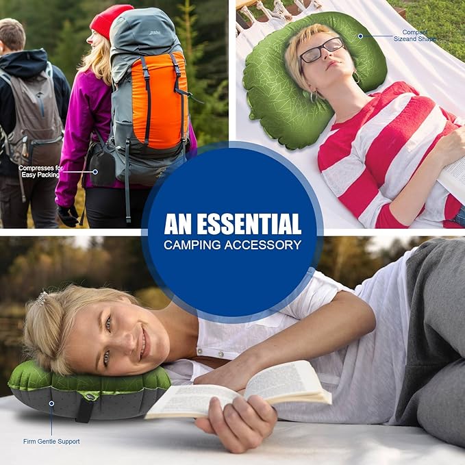 DAWNTREES Inflatable Pillow for Camping,Portable Compressible Ultra-light Travel Inflatable Pillow for Sleeping,Support The Neck and Lumbar,Backpacking Essentials (Green)