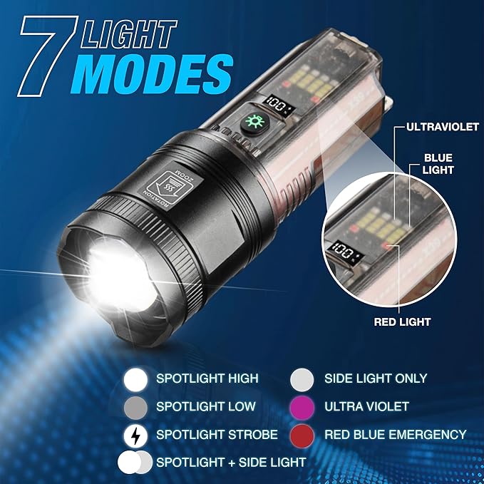 Solar Camping Flashlight, Ideal for Camping Essentials. This Midsize Heavy Duty Survival Gear Flash Light Includes A Black Light/UV Light & More. Essentials for Camping Gear & Hunting Gear