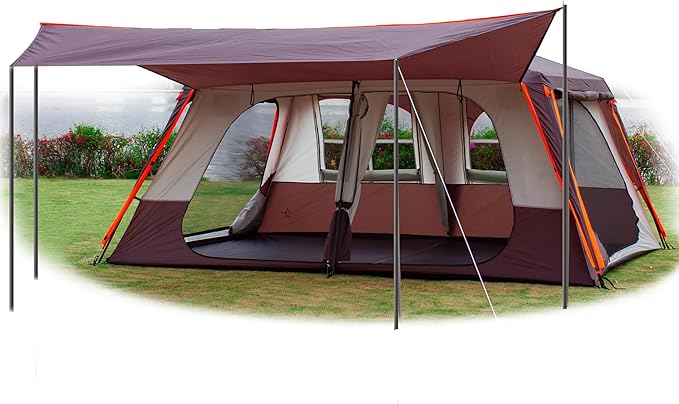 KTT Extra Large Tent 10-12-14 Person(B),Family Cabin Tents,2 Rooms,3 Doors and 3 Windows with Mesh,Straight Wall,Waterproof,Double Layer,Big Tent for Outdoor,Picnic,Camping,Family Gathering