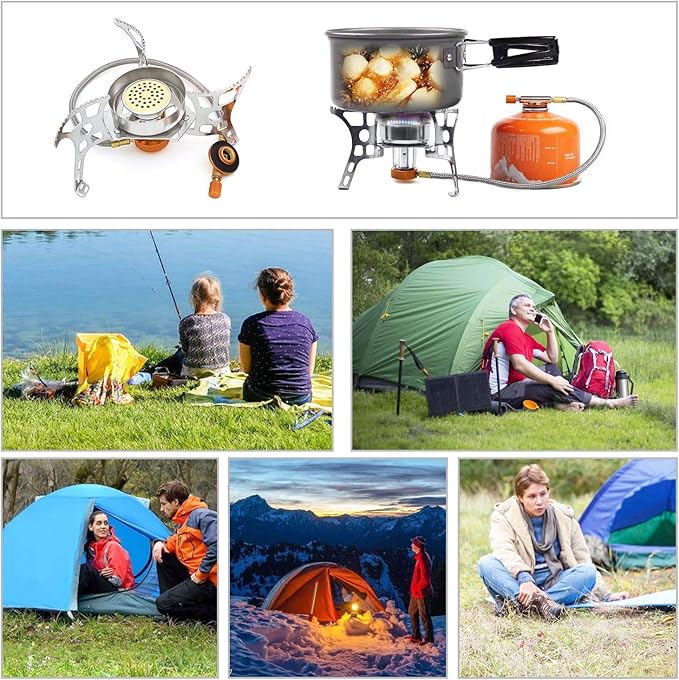 SVNVIOZ Camping Stove Windproof Backpacking Stove with Piezo Ignition, Plastic Storage Box, 2 Types Fuel Canister Adapters, Camping Gear Portable Stove for Outdoor Camping Hiking Cooking