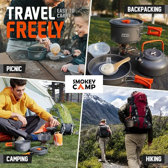 Camping Cookware Mess Kit Set with Stove - Backpacking Compact Camping Cookware, All in One Non-Stick Camping Cooking Set, Portable Stove, Hiking, Picnic, Outdoor & Camping Cookware Set
