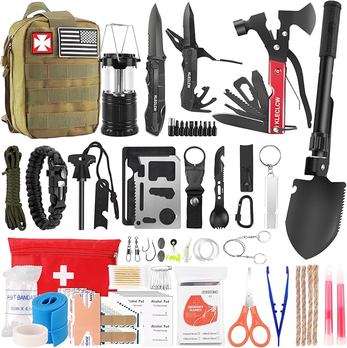 Survival Kit and First Aid kit, 160 Pcs Emergency Supplies Camping Accessories with Upgraded Molle Bag, Gifts for Men and Women Outdoor Adventure Camping Hiking Hunting