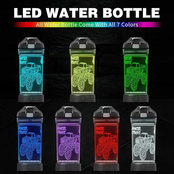 YuanDian 3D Glowing Water Bottle with 3D Monster Truck Design- 14 OZ Tritan BPA Free - Cool Drinking Cups Gift for School Kids Boy Girl Child Christmas Holiday