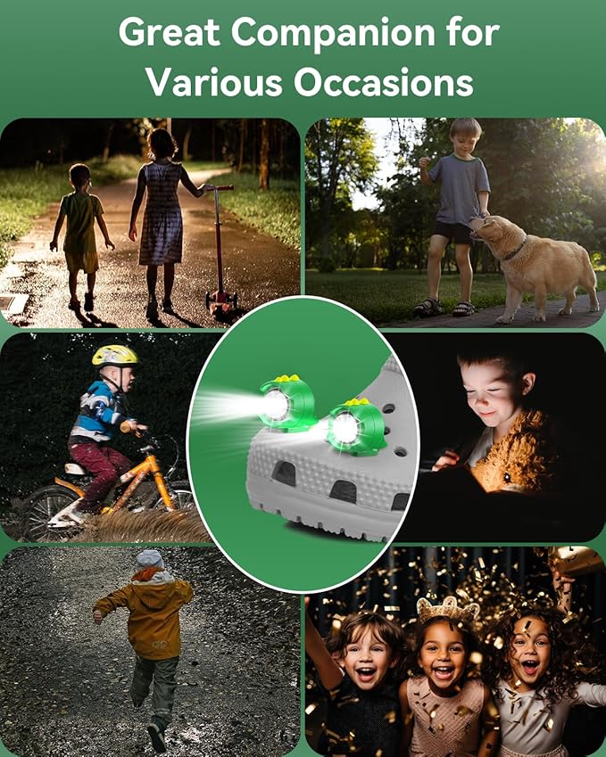 Shoes Lights 2 PCS, Headlights for Croc Shoes 3 Modes LED Flashlight, Cute Dinasour Shoe Headlamps Lasting 145 Hrs, Headlights for Croc Shoes IPX5 Waterproof Shoe Charm Shoes Headlights for Girls Boys
