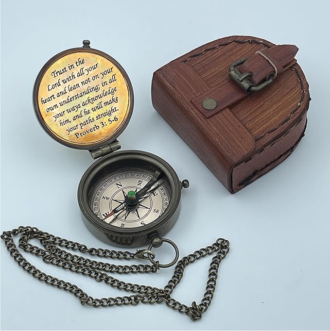 Trust in The Lord with All Your Heart -Proverbs 3: 5-6 Quote Engraved Compass with Leather Box, Compass Gift, 2023 Graduation Day Gifts- Baptism Gifts Compass