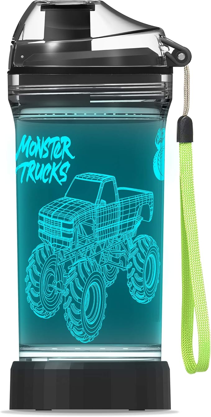 YuanDian 3D Glowing Water Bottle with 3D Monster Truck Design- 14 OZ Tritan BPA Free - Cool Drinking Cups Gift for School Kids Boy Girl Child Christmas Holiday