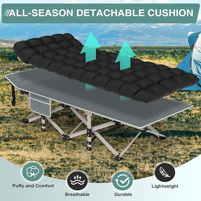 ZENPETIO Camping Cot for Adults, Heavy-Duty Portable Cot Bed with Mattress, Foldable Padded Sleeping Cots for Camping Travel Tent Day Bed Outdoor & Home Guest, Max Load 500 LBS, 75x28x15”
