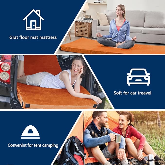 CYMULA Memory Foam Camping Mattress Pad, CertiPUR-US Sleeping Mat, Portable Roll Up Mattress for Adults, Camping Bed Pads for Sleepover, Car Bed with Travel Bag