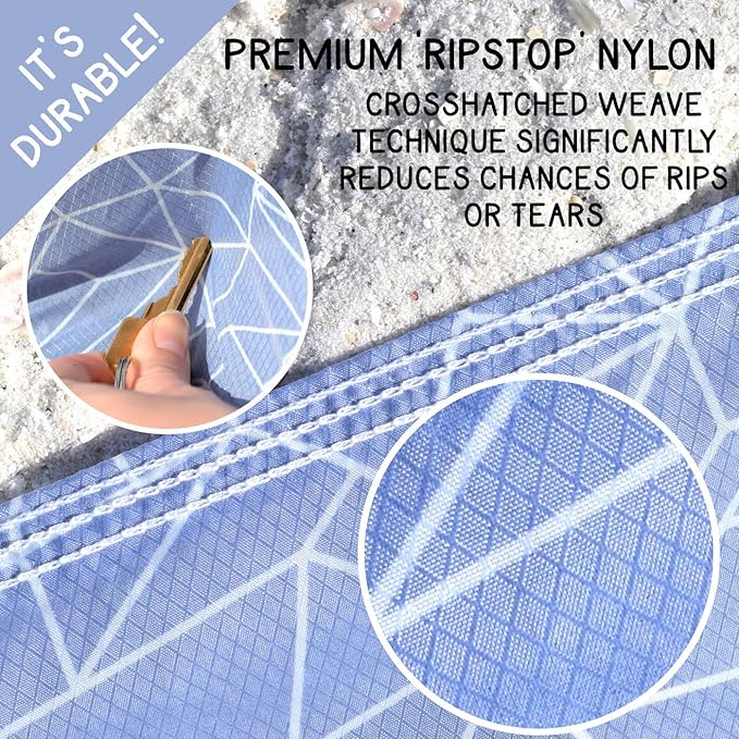 Makai – Lightweight Sheet Style Beach Blanket, Sand Dosen't Stick, Extra Large 8’ x 9’, Compact Strong Parachute Nylon Beach Mat, Stays Cool, Quick Drying, Multifunctional