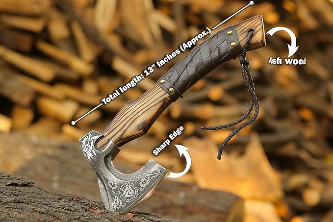 13” Inch Hand-Forged Viking Axe- Ash Wood Handle Hatchets and Axes with Leather Wrap, Wood Splitting Axe, Camping Axe, Throwing Axes and Tomahawks - Gift for Him (Valknut)