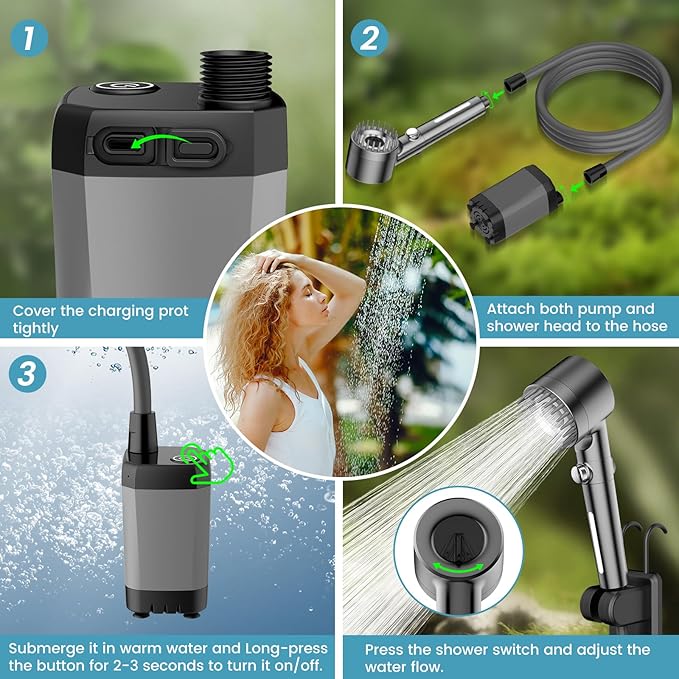 Upgrade Portable Camping Shower, 6000mAh Rechargeable Electric Shower Pump with 18 Stage Filtered Shower Head, Smart Digital Display, Outdoor Camp Shower for Camping, Hiking, RV Travel