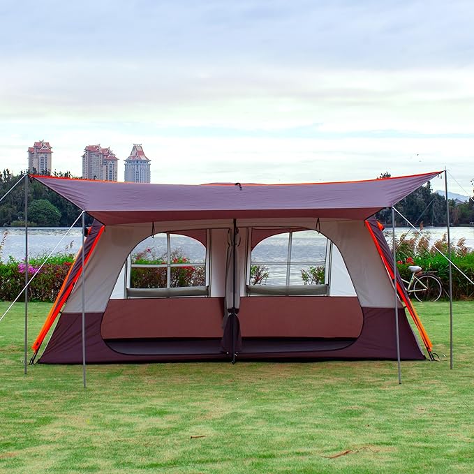 KTT Extra Large Tent 10-12-14 Person(B),Family Cabin Tents,2 Rooms,3 Doors and 3 Windows with Mesh,Straight Wall,Waterproof,Double Layer,Big Tent for Outdoor,Picnic,Camping,Family Gathering