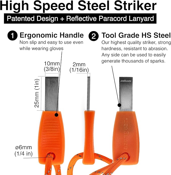 Camping Flint and Steel Fire Starter, 0.4x4in (10x100mm) Ferro Rod, HSS Striker, Paracord, Waterproof Outdoor Survival Kit aZengear