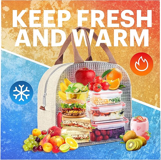 Lunch Bag for Women & Men Adult Insulated Lunch Box, Small Leakproof Cooler Food Lunch Containers Reusable High Capacity Lunch Tote Bags for Work, Travel, Outdoor (Beige)