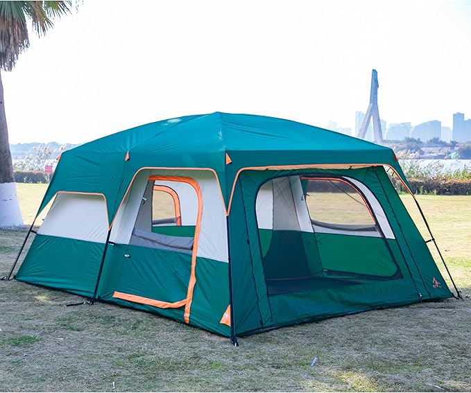 KTT Extra Large Tent 10-12-14 Person(Style-B),Family Cabin Tents,2 Rooms,3 Doors and 3 Windows with Mesh,Straight Wall,Waterproof,Double Layer,Big Tent for Outdoor,Picnic,Camping,Family Gathering