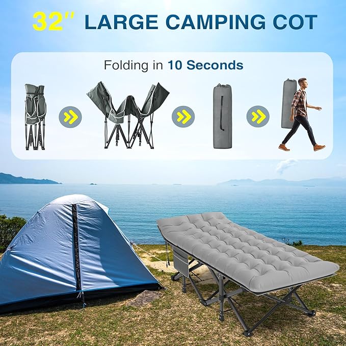 ZENPETIO Oversized XXL Folding Camping Cot, Heavy Duty Sleeping Cot for Adults with Mattress and Pillow, Portable Cot Bed with Carry Bag for Outdoor Camp Travel Home Guest Office, 78x32x18